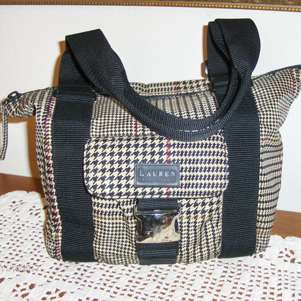Lauren Ralph Lauren Satchel Black Beige Nylon Houndstooth Purse Shoulder Bag Tot